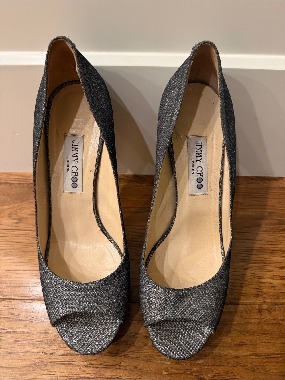 Jimmy Choo Gunmetal Glitter Peep-Toe Pumps